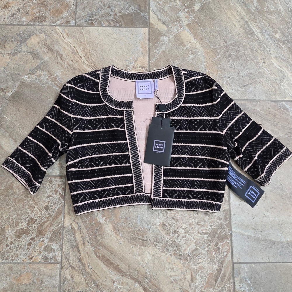 Herve Leger Lisette Cropped Cardigan Jacket Black Tan Jacquard HVW41080 XS